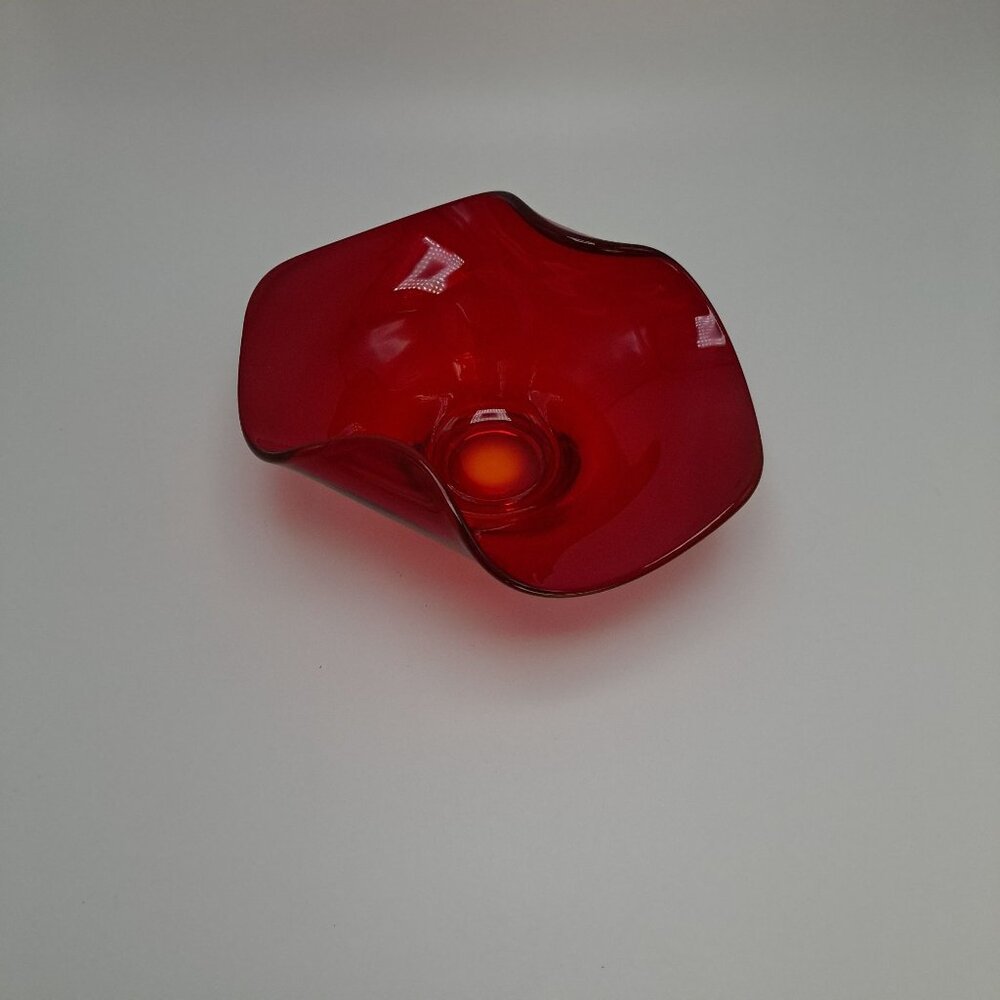 Viking Glass Red Swung Vase Candy Dish Wavy Edge Art Glass Vintage Decor Piece